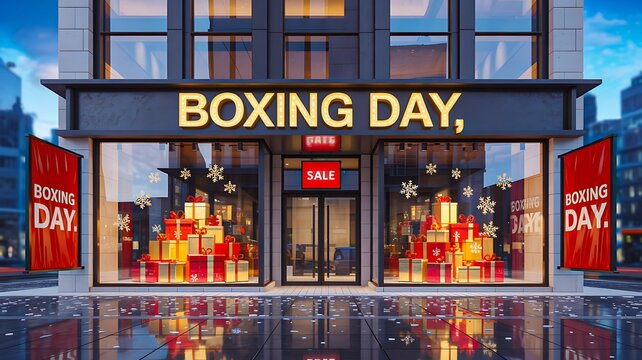 Boxing day store exterior with festive sale decorations and gift displays