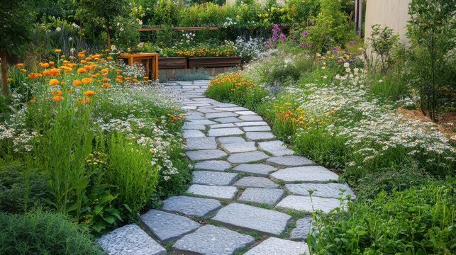 Garden path with irregular paving blocks and flower beds