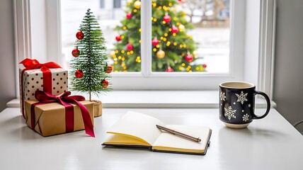 Cozy christmas workspace with gifts notebook and festive decorations
