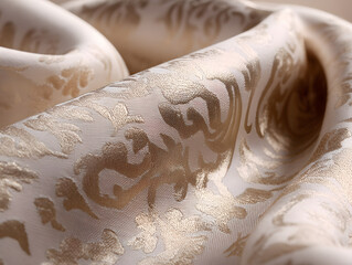 Close-up of elegant beige satin with intricate floral detailing, showcasing its smooth, luxurious texture and delicate patterns.