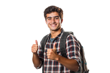 Smiling male college student with a backpack, wearing a plaid shirt, giving two thumbs up isolated on transparent background, png