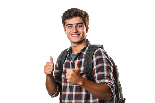 Smiling male college student with a backpack, wearing a plaid shirt, giving two thumbs up isolated on transparent background, png