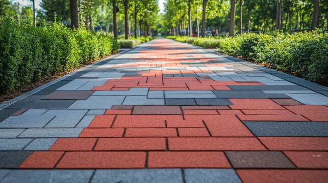 Pedestrian walkway paved with red and gray blocks in a public park