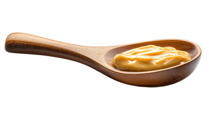 Spoon of mayonnaise with creamy smooth texture and detailed glossy surface shown in close culinary view isolated on white background