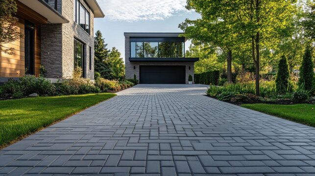 Residential driveway paved with large interlocking concrete blocks