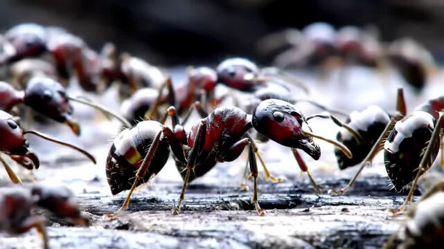 Close up of ants crawling on wood, blurry background for education, insect study