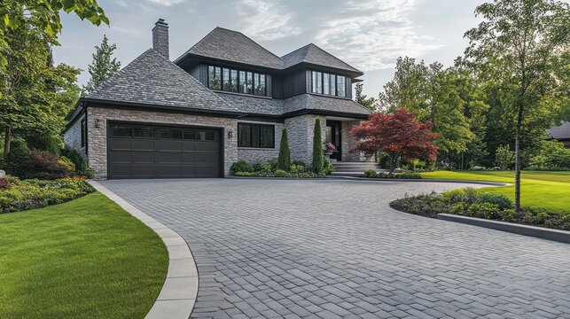 Residential driveway paved with large interlocking concrete blocks