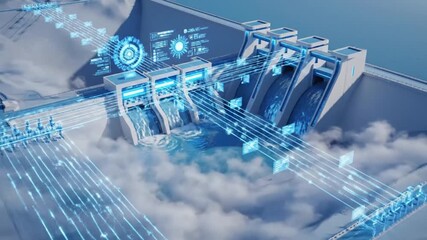 Futuristic Hydroelectric Dam Power Plant with Digital Data Streams and HUD Interface. - Powered by Adobe