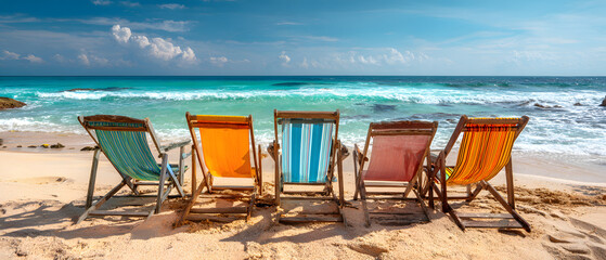 Colorful and comfortable beach chairs arranged on golden sand, facing turquoise waves under bright sunlight for a perfect summer vibe.
