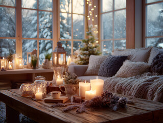 Cozy indoor Christmas scene with wooden table, lit candles, festive decorations, and a warm living room ambiance, snow visible outside.