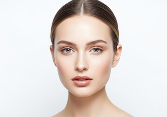 Fototapeta premium Close up portrait of a woman with fair skin and light brown hair on a white background studio shot