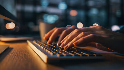 Close up of hands typing on a keyboard at night with bokeh lights in the background.