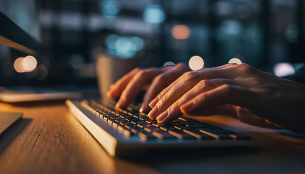 Close up of hands typing on a keyboard at night with bokeh lights in the background.