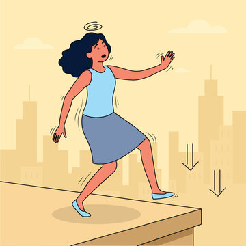 Height phobia acrophobia illustration of woman afraid of high ledge