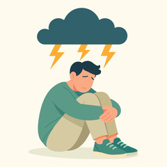 Thunder phobia astraphobia depiction of man frightened by thunderstorm