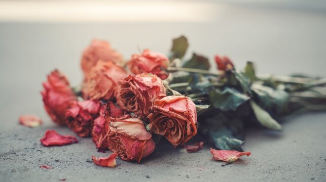 Dry, withered roses lying on a textured surface with loose petals spread around in soft light.
