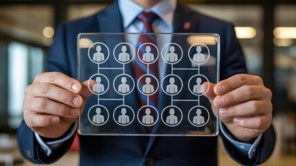 Business professional displays transparent panel illustrating hierarchical team structure and connections