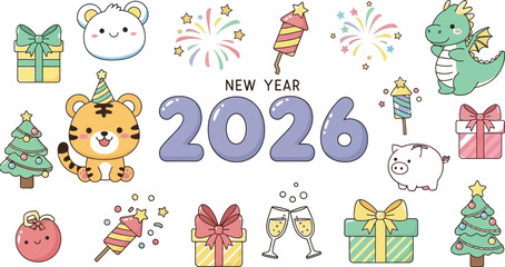 Fototapeta premium New year 2026 illustration with cute tiger characters and festive elements
