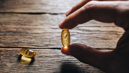 Hand holding a single omega3 fish oil capsule against a rustic wooden background with another capsule resting on the surface.