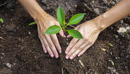 Hands gently planting a small green seedling in rich dark soil symbolizing growth and environmental care.