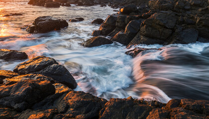 Long Exposure of Ocean Waves Crashing on a Rocky Shore at Sunset.