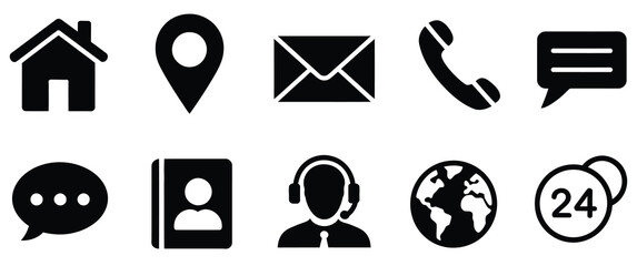 Contact us web icon set in simple flat design, featuring home, location, email, call, message, address book, customer support, worldwide, communication, service, help desk, online assistance, and 
