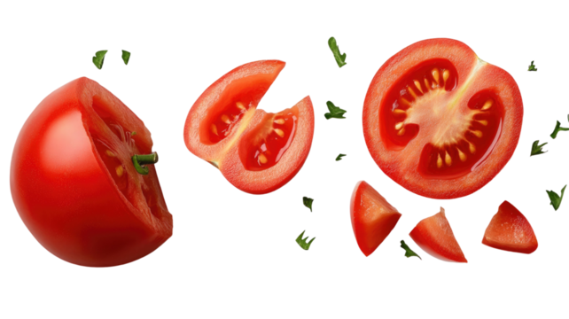 Fresh sliced tomato with juicy red interior and smooth outer skin displayed in clean detailed food ingredient view isolated on white background
