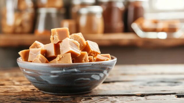 Bowl of caramel fudge pieces on rustic wooden table