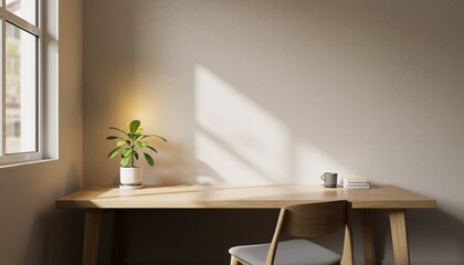 Minimalist Home Office Desk with Natural Light and Plant.