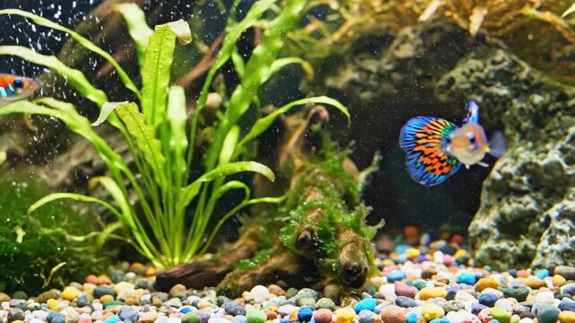 Colorful guppies swimming in a vibrant aquarium with lush plants and gravel