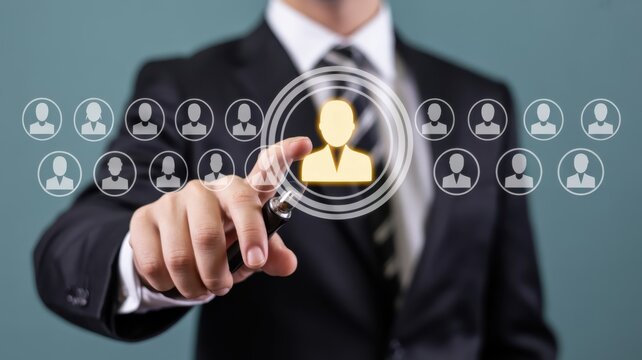 Businessman selects a glowing profile icon from a digital display of potential candidates