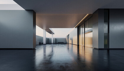 Modern architectural interior with reflective flooring and natural light.