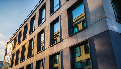 Modern architectural building with many windows under a blue sky.