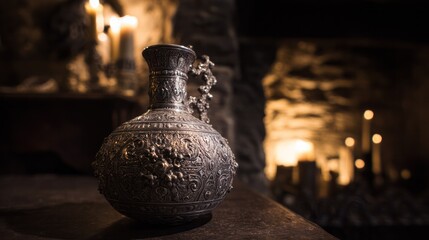 A medieval silver wine flagon with intricate carvings, illuminated by candlelight against a stone fireplace. bar promotions.