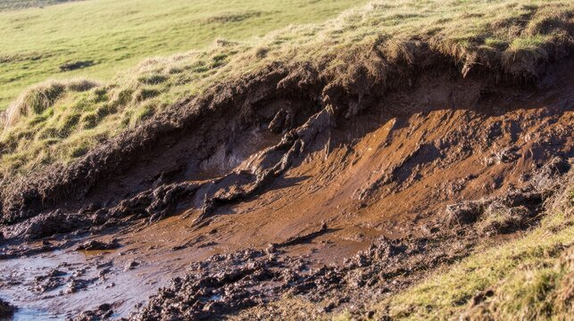 Muddy slurry flowing down a hillside, creating viscous patterns in natural daylight. ESG reports, sustainability campaigns, designed for environmental awareness campaigns.