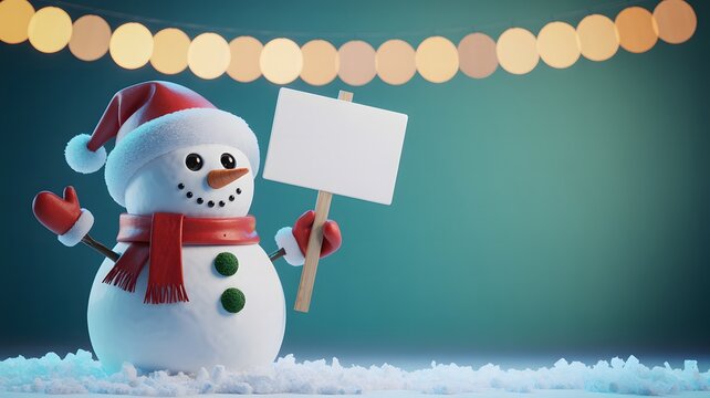 Cute smiling snowman wearing a santa hat and scarf holding a blank sign with festive lights above