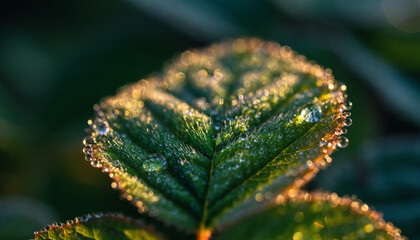 Morning dew drops sparkle like jewels on a textured green leaf.