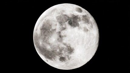A detailed close-up of the full moon showcases the richly textured meteorite craters in the night sky.