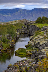 Thingvellir National Park Narrow clear river flowing through mossy tectonic rift walls in Iceland