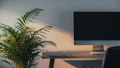 Office desk with computer and plant minimalist workspace.