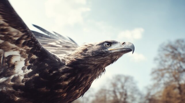 Eagle soaring high in clear sky with sharp gaze focused on ground movement. wildlife magazines, conservation campaigns, designed for wildlife conservation campaigns.