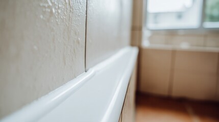 Smooth caulk bead sealing the corner between bathtub and tiles, close-up for interior renovation showcases.