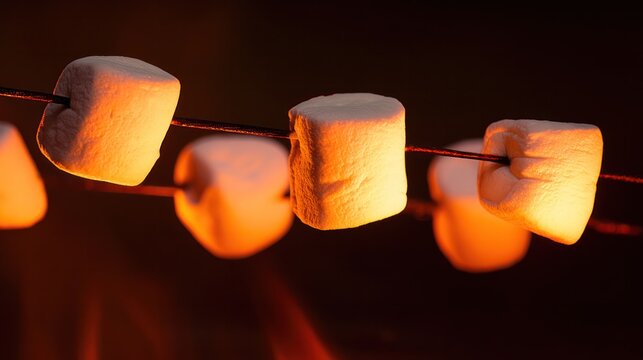 Marshmallows skewered over a glowing campfire flame, close-up for culinary blogs and recipe inspiration.