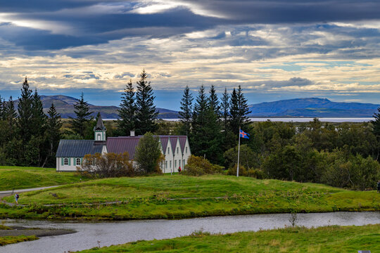 Thingvellir National Park Historic church and buildings in the green rift valley