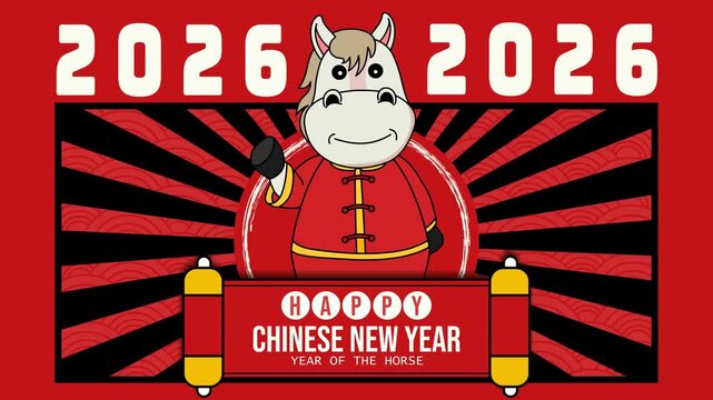 4K looping animation for Chinese New Year 2026 featuring a cheerful horse mascot, bold red rays, and a festive banner. Suitable for greeting videos, event screens, promotions, and digital displays.