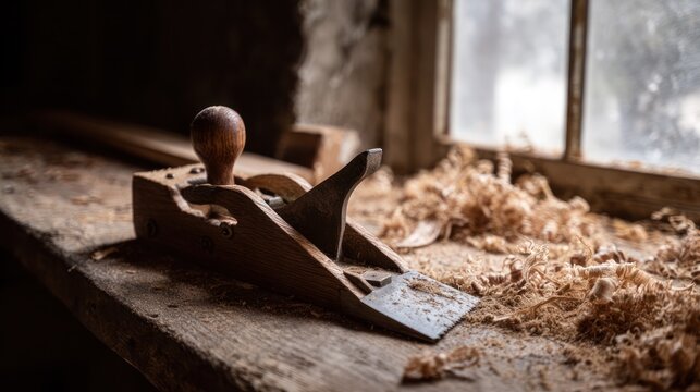 Close-up of a jointer plane on a workshop bench with curls of sawdust, perfect for craft guides and club newsletters.