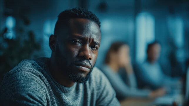 Man sitting in a dim, cool-toned office environment with a serious and troubled expression, capturing a moment of emotional strain, workplace pressure, and quiet contemplation amid team activity