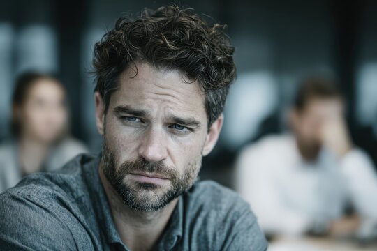 Middle-aged man sitting in a professional setting with a tired, troubled expression, conveying emotional strain, workplace stress, and a sense of quiet overwhelm during a tense moment at work