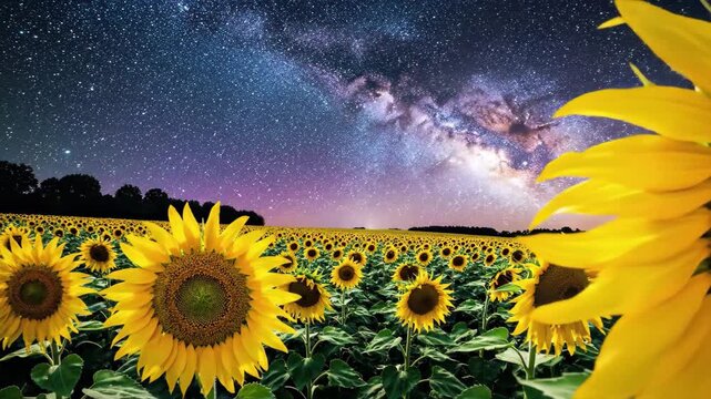 A breathtaking night scene of a sunflower field under a vibrant starry sky with the milky way