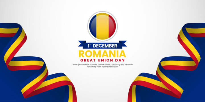 Romania great union day banner background design element with waving ribbon flag - Powered by Adobe